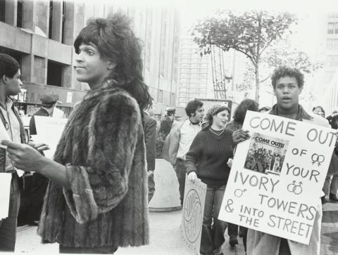 Photograph of Marsha P. Johnson and students at gay rights rally, 1970
