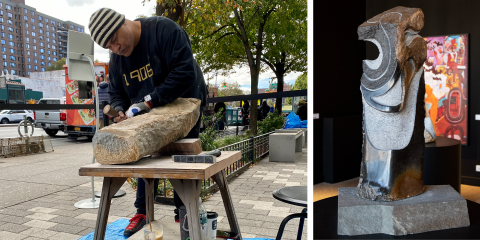 M. Scott Johnson is standing outside of the Schomburg Center chiseling a gray colored stone on the left. A stone sculpture created by Johnson is on the right side. 