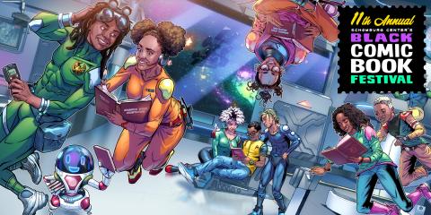 Colorful illustration of Black scientists in space, reading and floating in the air next to a logo for the 11th Annual Schomburg Center Black Comic Book Festival.