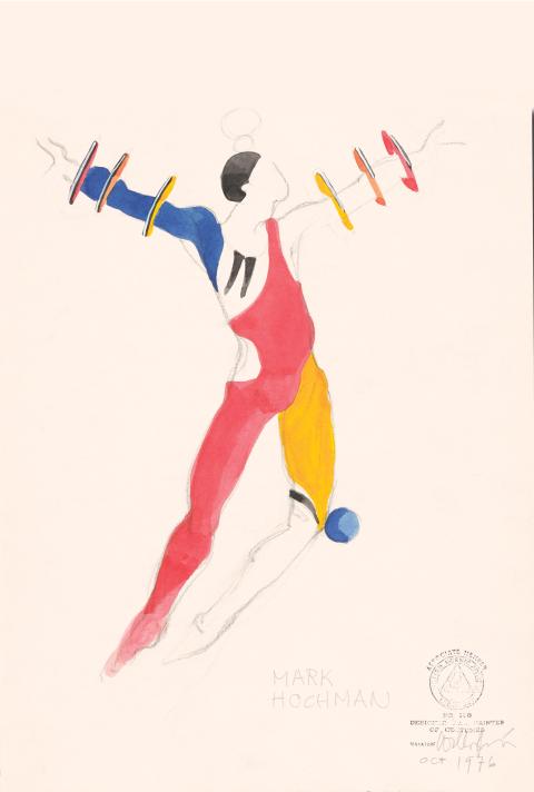 An illustration featuring a person spreading their arms with red, yellow and blue costume and discs around their arms.