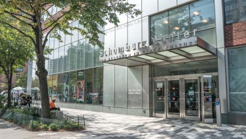 Exterior of the Schomburg Center, featuring large glass windows and a row of lush green trees. 