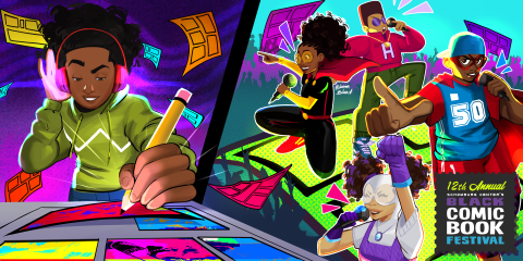 A colorful animation of a young adult holding a pencil and drawing in on the right side. On the left side, there are four young adults dressed in colorful clothing and holding microphones. On the lower right-hand corner, are the words 12th annual Schomburg Center’s Black Comic Book Festival on a black background.